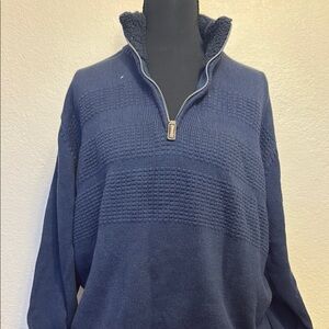 Blue Zip Up Sweater with High Collar and Textured Knit